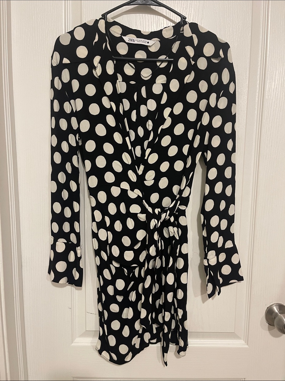 Zara Black and White Polka Dot Long Sleeve Wrap Dress